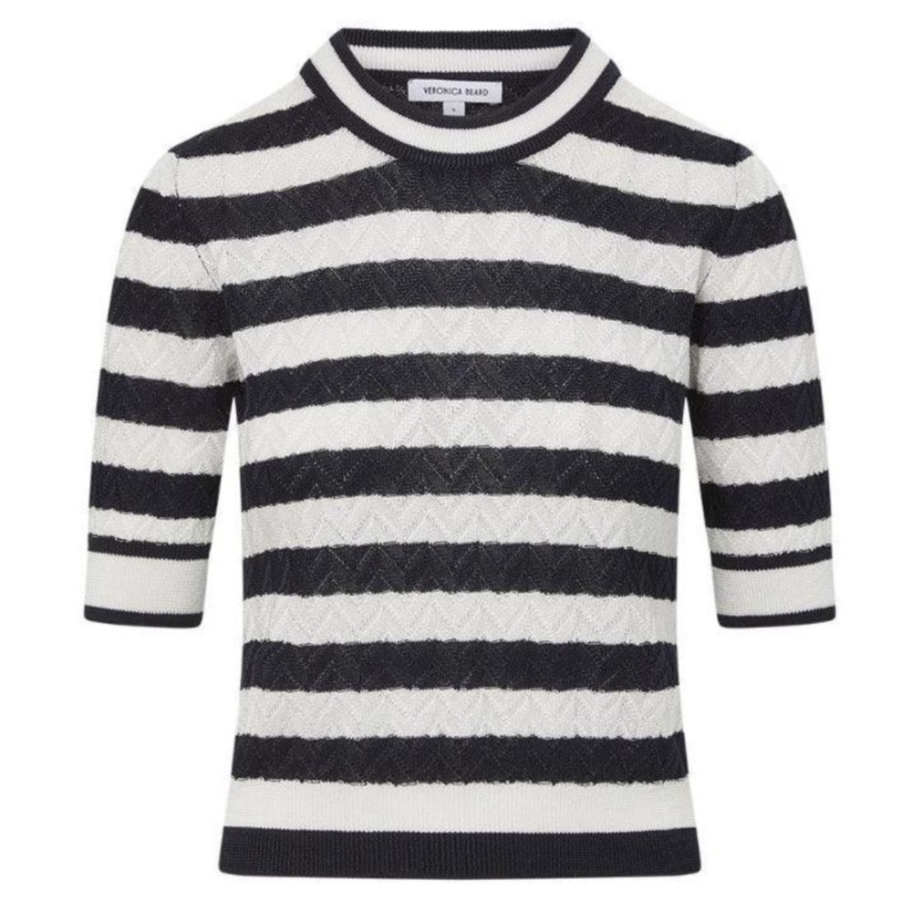 Veronica Beard Lisbeth Striped Knit Top Women M Navy White Short Sleeve Textured